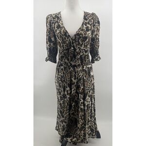 Diane Von Furstenberg Silk Dress Womens 8 Faux Wrap Black Brown Puff Sleeve Boho